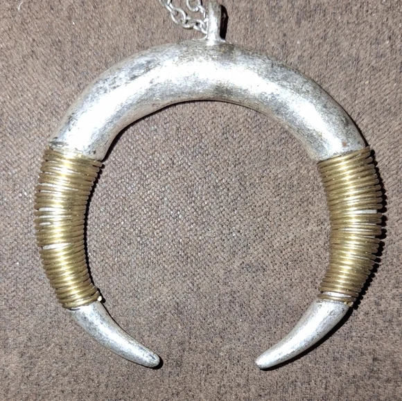 Mixed Metal Double Horn Crescent Silvertone Statement Pendant Necklace - Picture 7 of 7